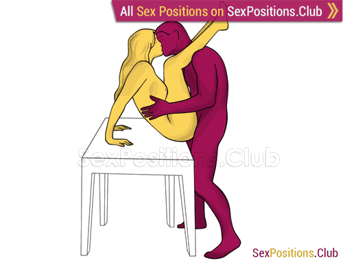 Sex position #387 - Legs in the air (on the table). (anal sex, face to face, standing). Kamasutra - Photo, picture, image