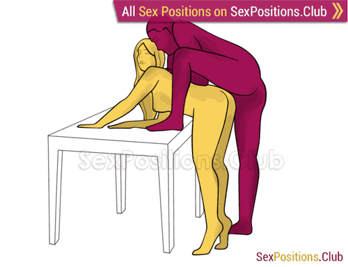 Sex position #359 - Pterodactyl (on the table). (anal sex, doggy style, from behind, rear entry, standing). Kamasutra - Photo, picture, image