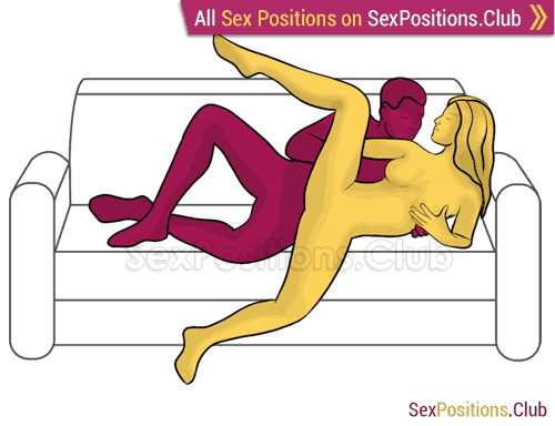 Sex position #309 - Grasshopper (on the couch). (anal sex, from behind, rear entry, sideways, spooning, lying down). Kamasutra - Photo, picture, image
