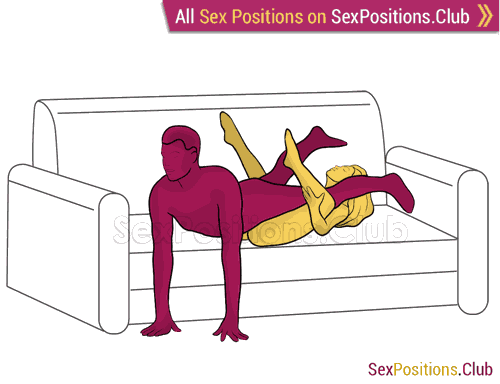 Sex position #384 - Slide (on the sofa). (reverse, man on top, lying down). Kamasutra - Photo, picture, image